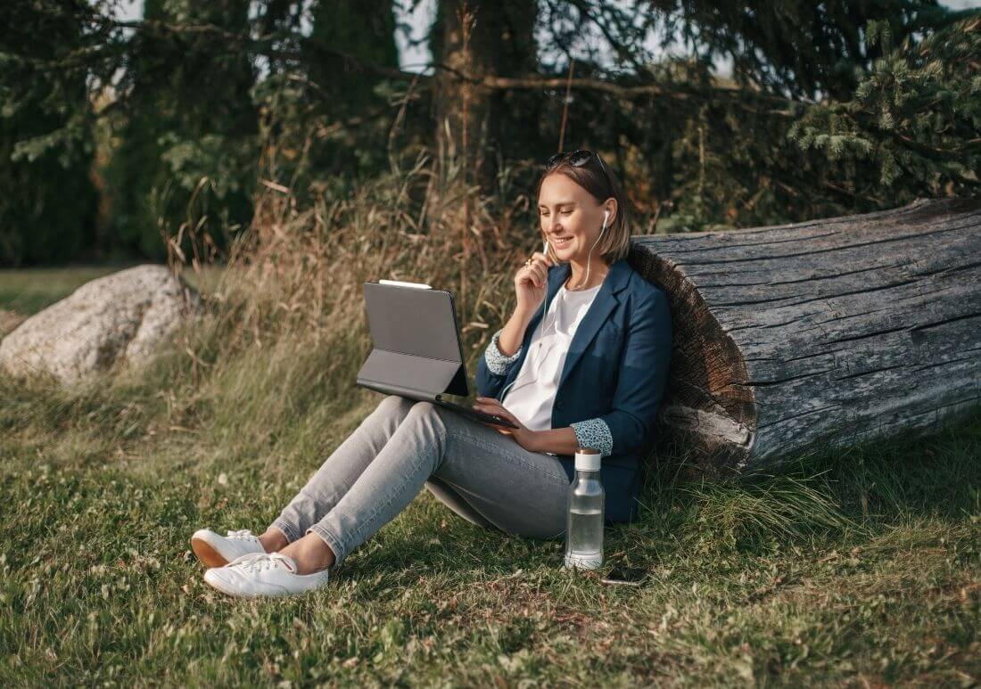 Woman experiencing freedom while working erotic chat job